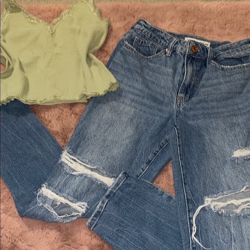 Green Lace Trim Top and Distressed Jeans
